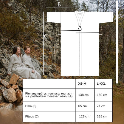 HEMPEA kylpytakin kokojen mittataulukko. Kaksi unisex kokoa, XS-M, L-XXL